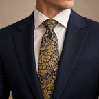 Navy and Gold Floral Silk Tie by George Neale, worn by a model with a suit and shirt