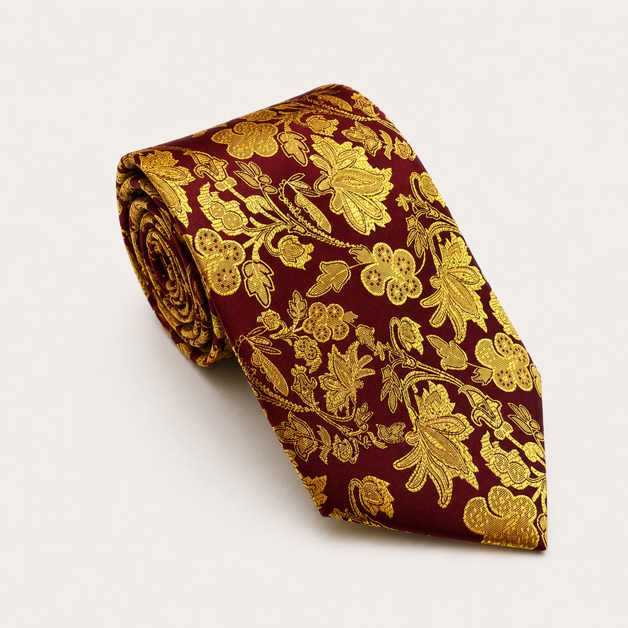A rolled George Neale burgundy and gold floral silk tie.