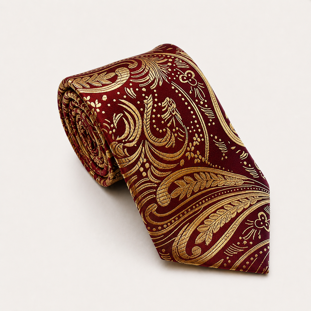A rolled George Neale burgundy and gold floral silk tie.