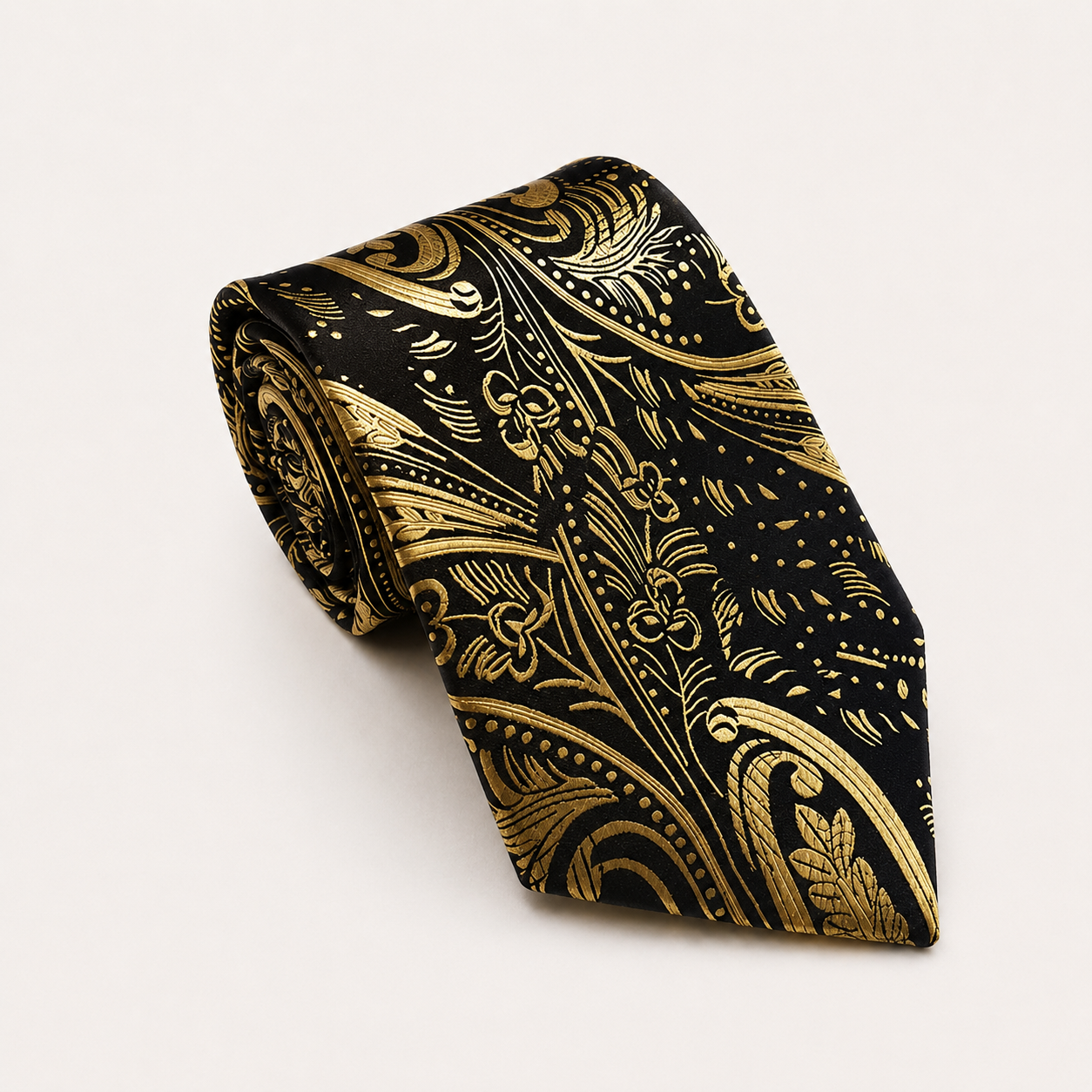 A rolled George Neale black and gold floral silk tie.