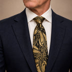Black and Gold Floral Silk Tie by George Neale, worn by a model with a suit and shirt