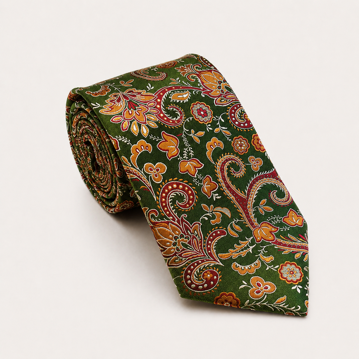 A rolled George Neale green and orange floral silk tie.