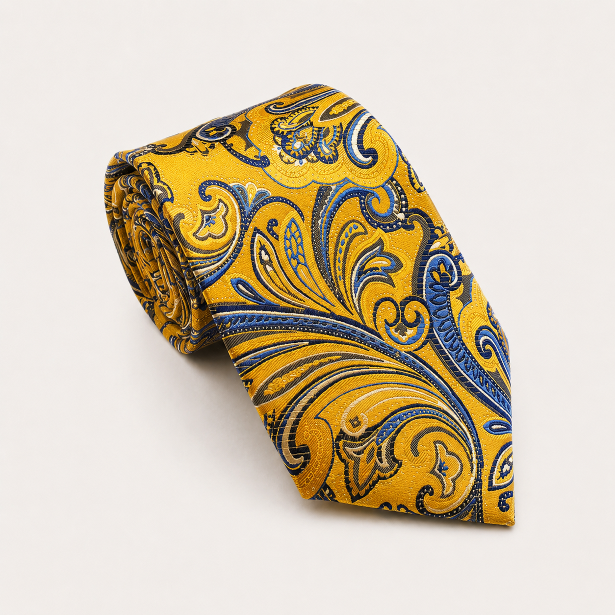 A rolled George Neale yellow and blue floral silk tie.