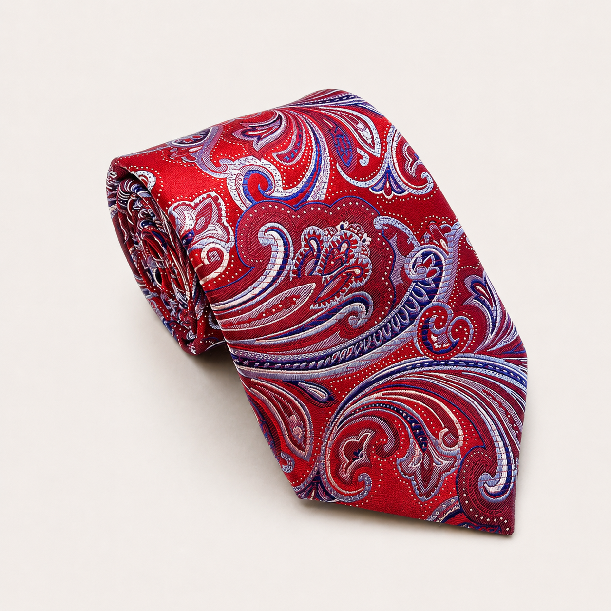 A rolled George Neale red and blue floral silk tie.