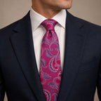 Fuchsia and Purple Floral Silk Tie by George Neale, worn by a model with a suit and shirt