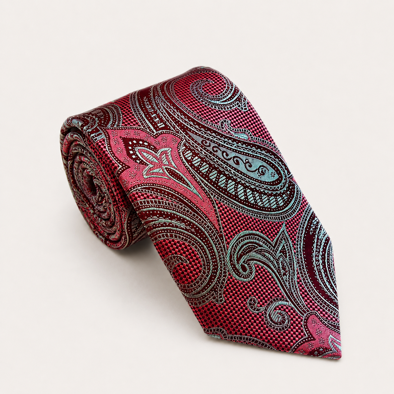 A rolled George Neale burgundy and teal floral silk tie.