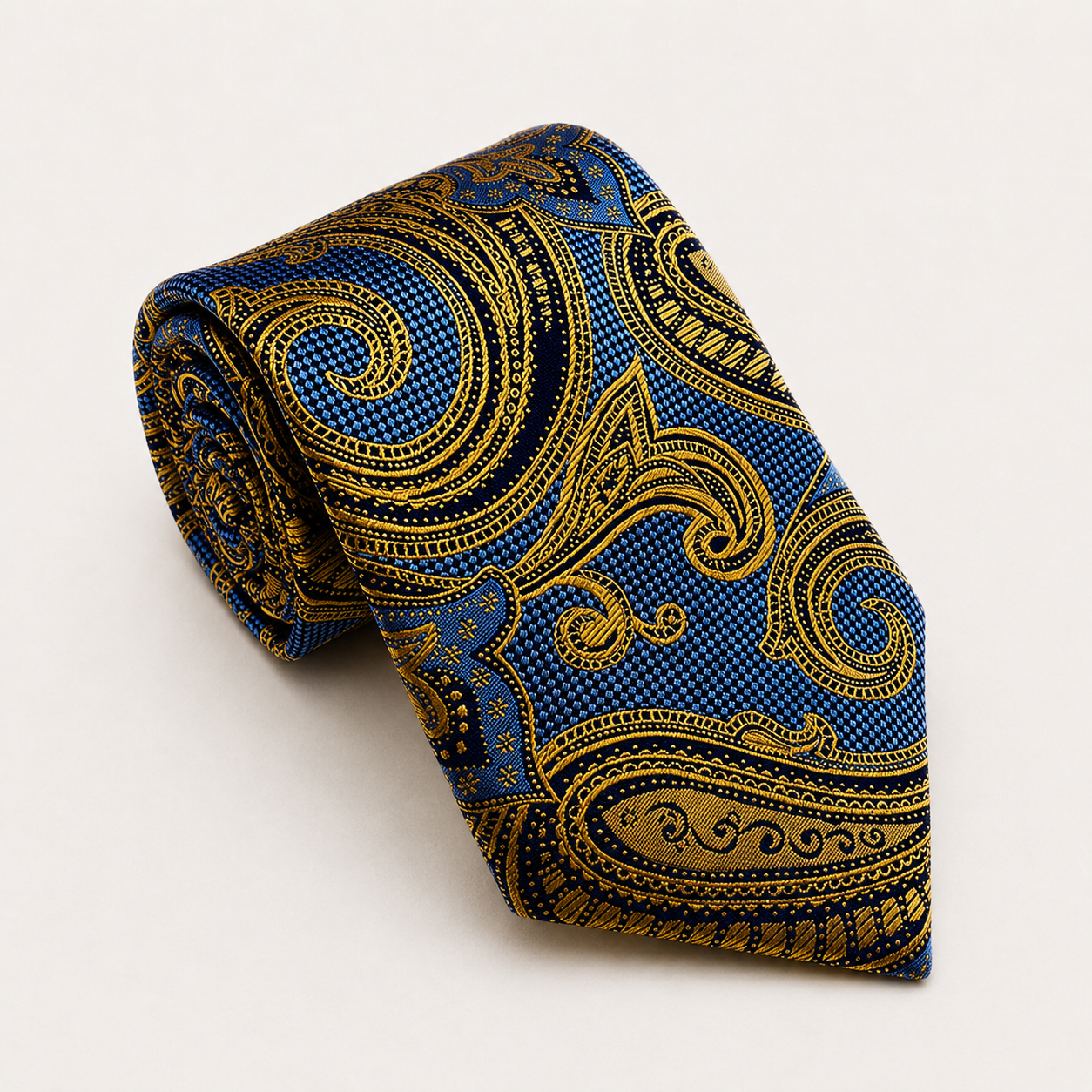 A rolled George Neale blue and gold floral silk tie.