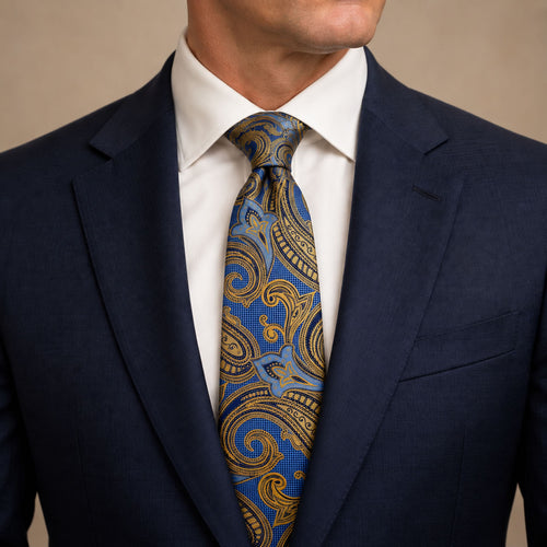 Blue and Gold Floral Silk Tie by George Neale, worn by a model with a suit and shirt