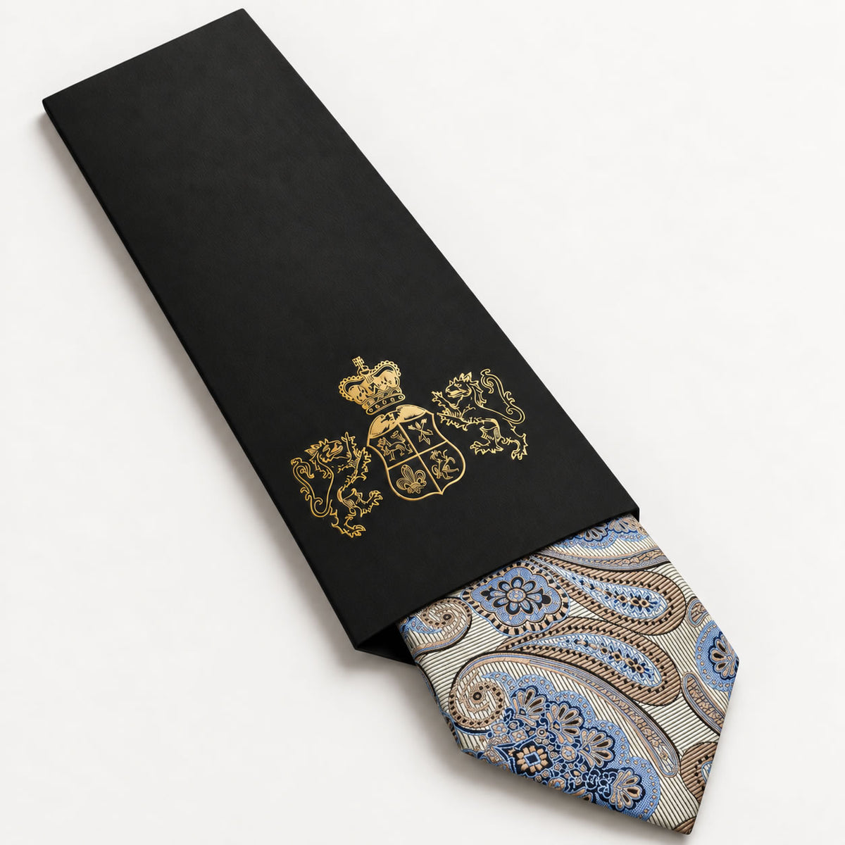 Champagne and Blue Floral Silk Tie in George Neale premium packaging