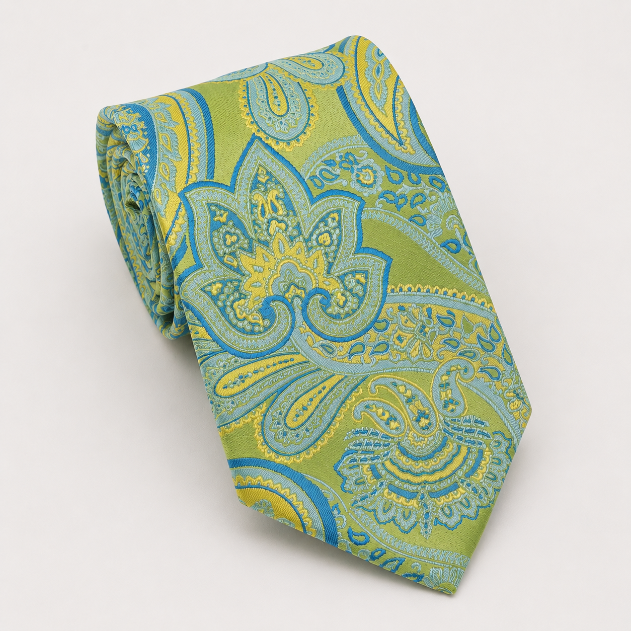 A rolled George Neale green and blue floral silk tie.