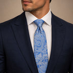 Cobalt Blue Floral Silk Tie by George Neale, worn by a model with a suit and shirt