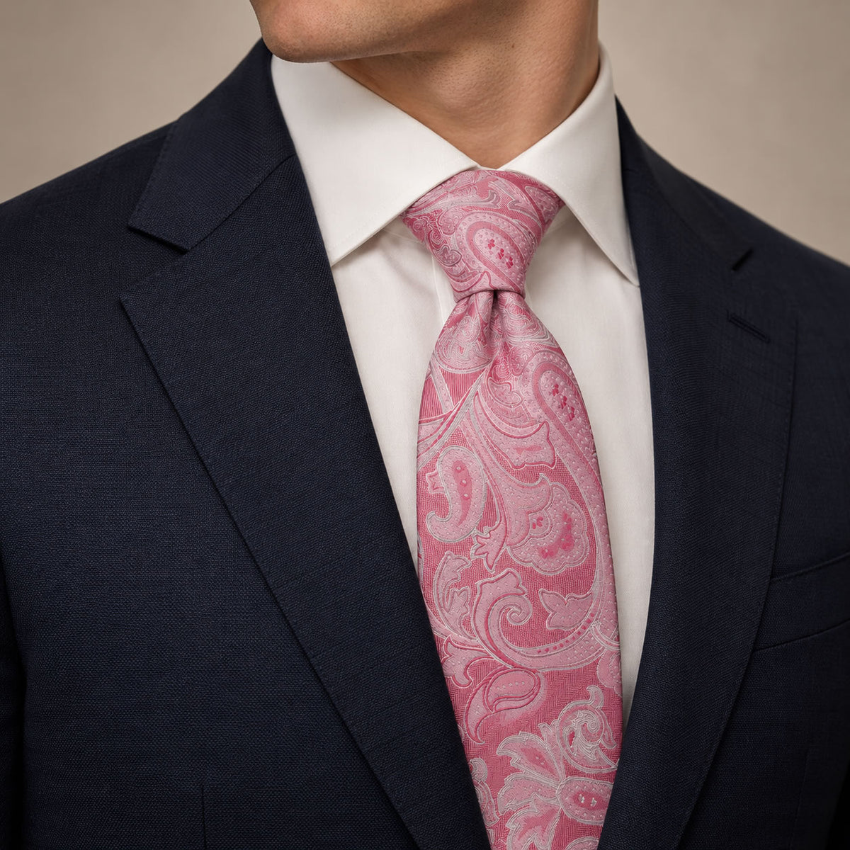 Hot Pink Floral Silk Tie by George Neale, worn by a model with a suit and shirt