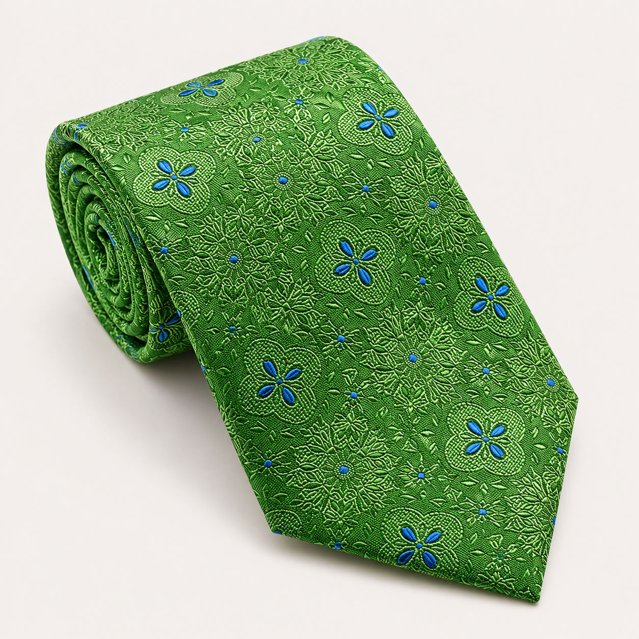 A rolled George Neale green and blue floral silk tie.