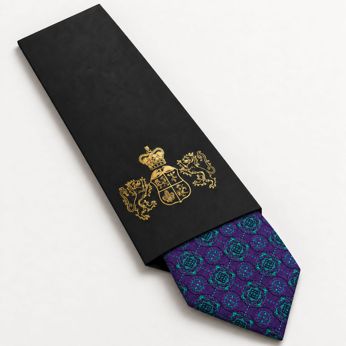 Purple and Teal Patterned Silk Tie in George Neale premium packaging