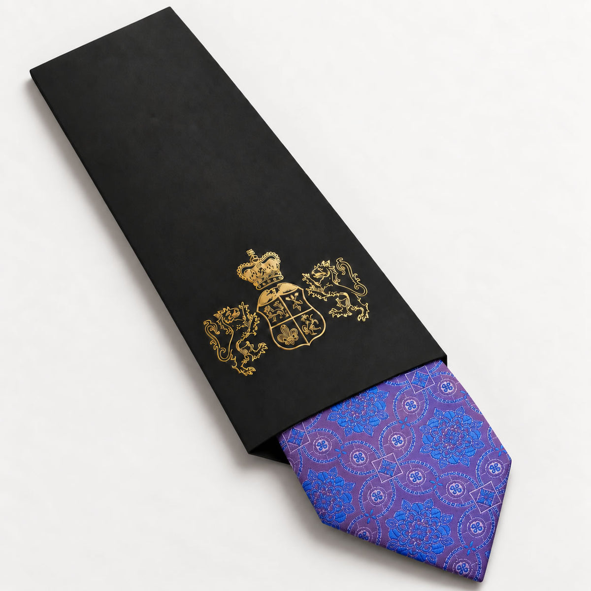 Purple and Blue Patterned Silk Tie in George Neale premium packaging