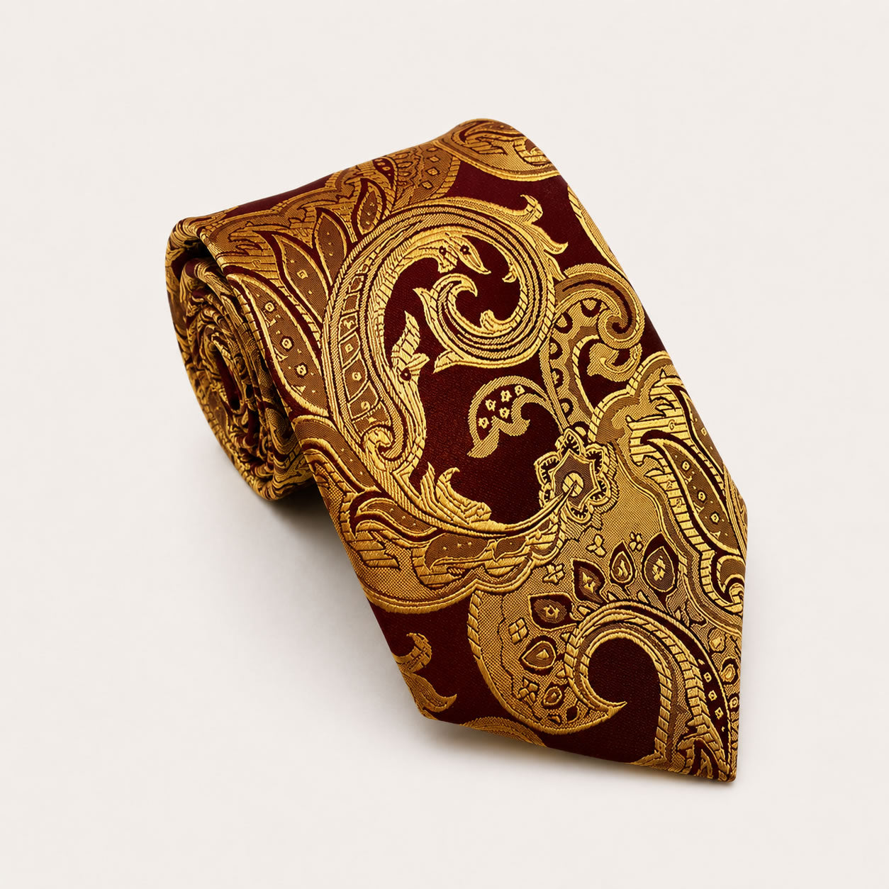 A rolled George Neale gold and burgundy patterned silk tie.