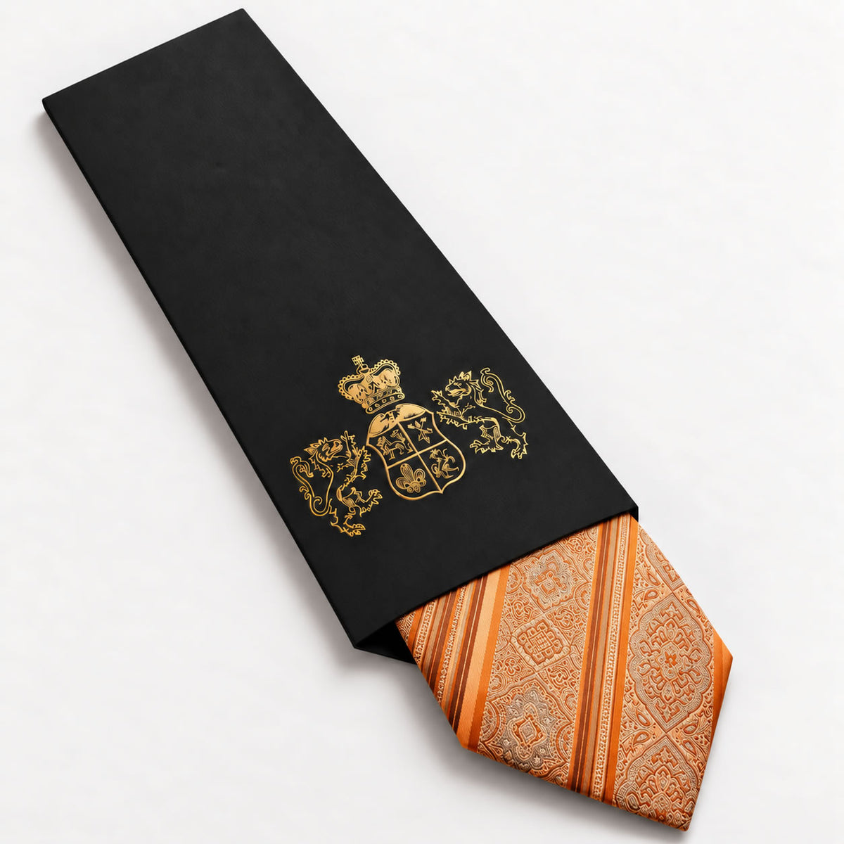 Orange and Gold Patterned Silk Tie in George Neale premium packaging