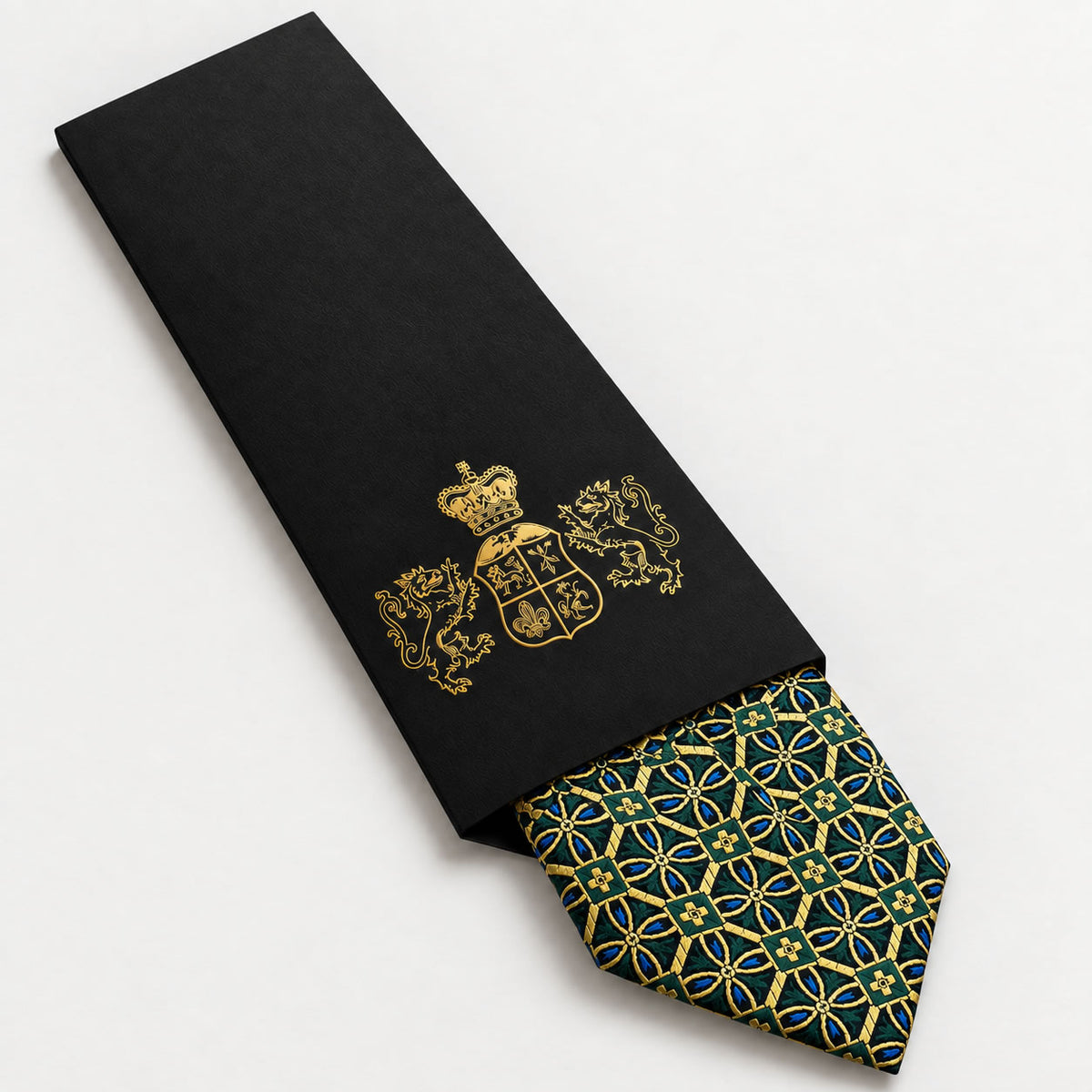 Green and Gold Patterned Silk Tie in George Neale premium packaging