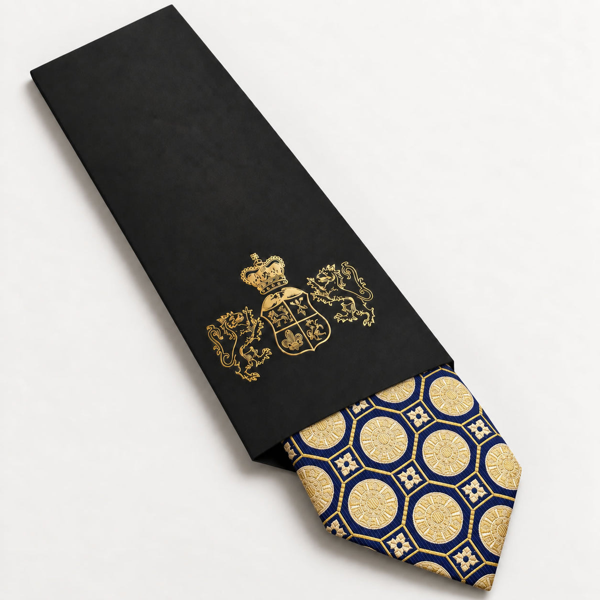 Navy and Champagne Patterned Silk Tie in George Neale premium packaging