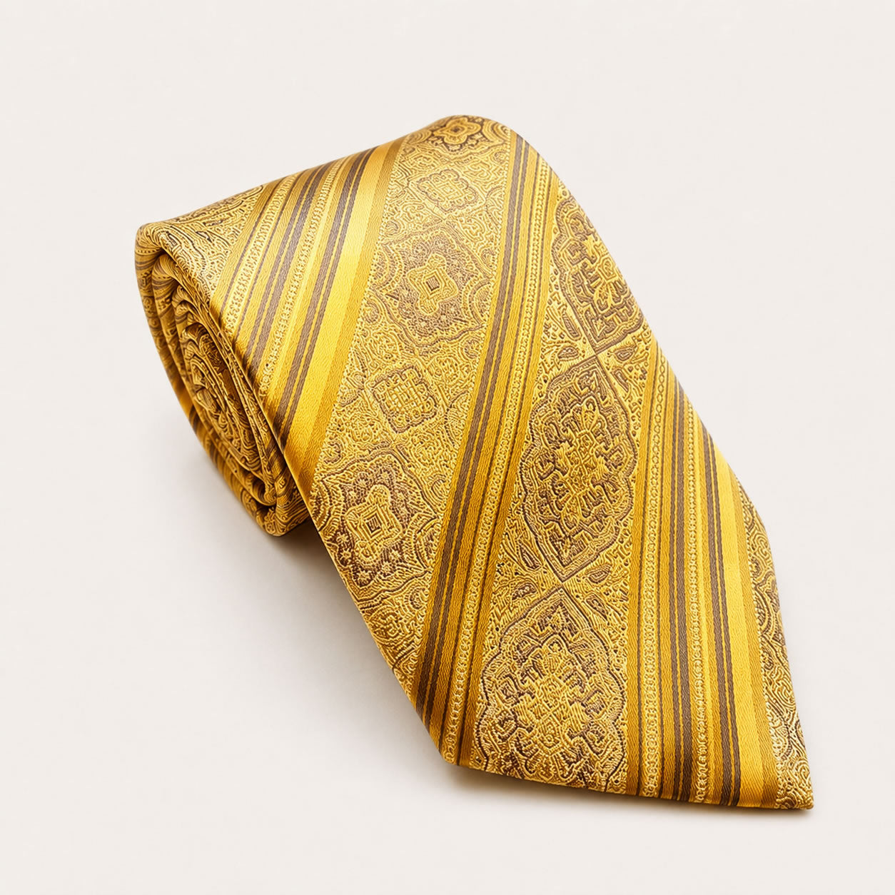 A rolled George Neale yellow patterned silk tie.