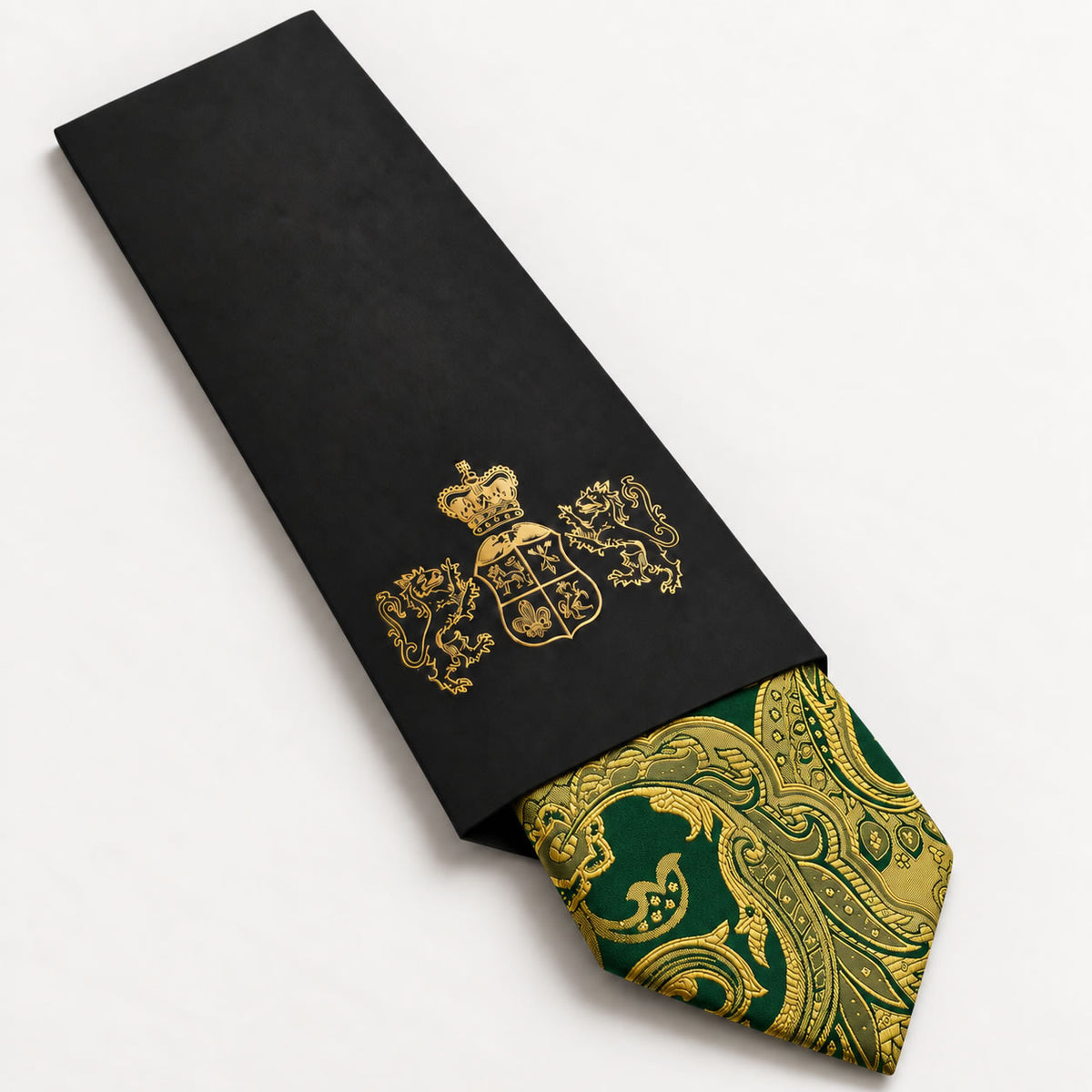 Emerald and Gold Patterned Silk Tie in George Neale premium packaging
