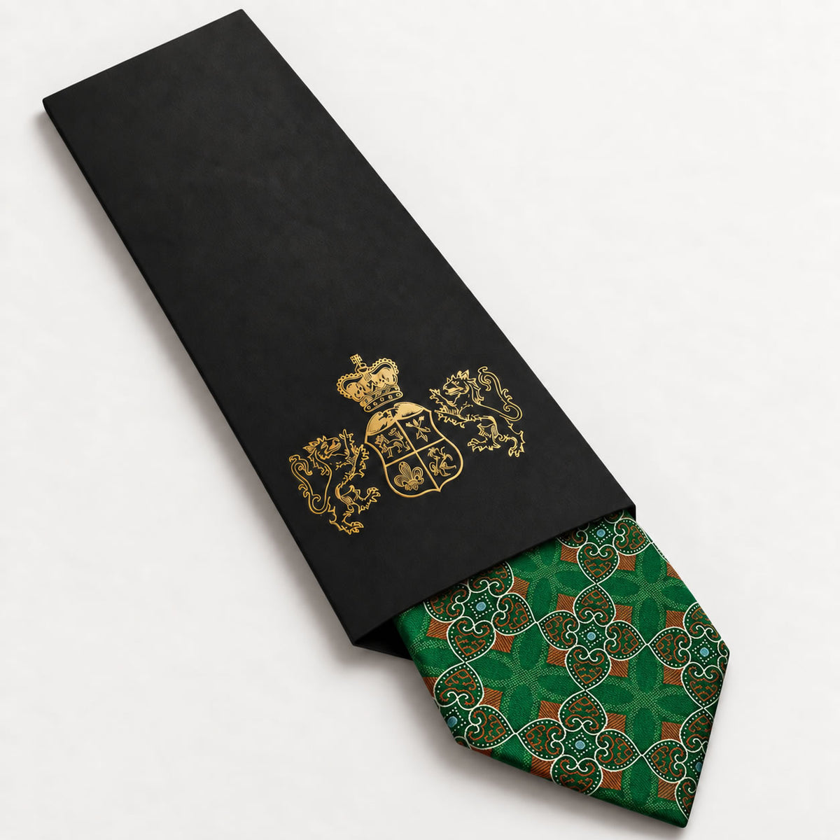 Green and Copper Patterned Silk Tie in George Neale premium packaging