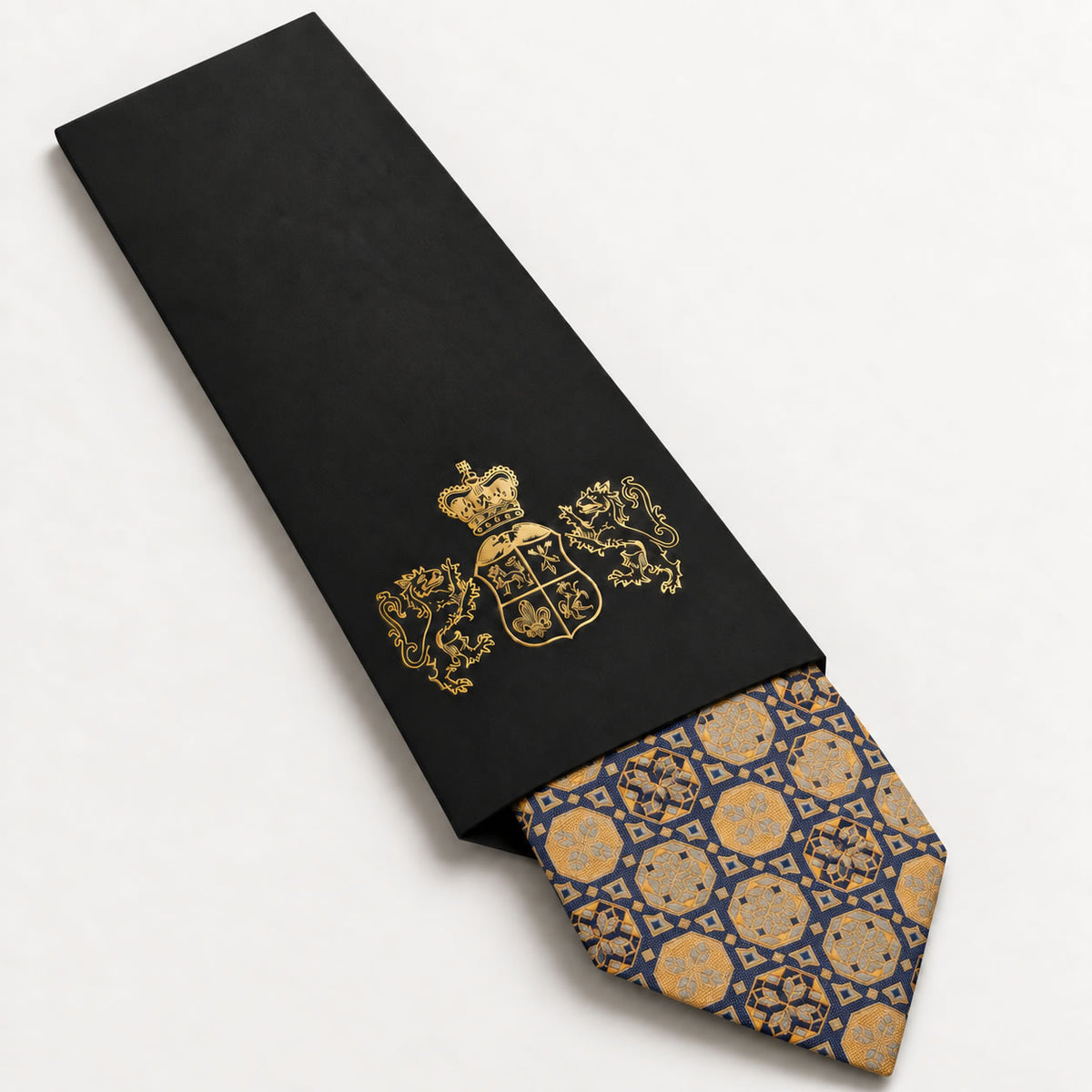 Navy and Gold Patterned Silk Tie in George Neale premium packaging