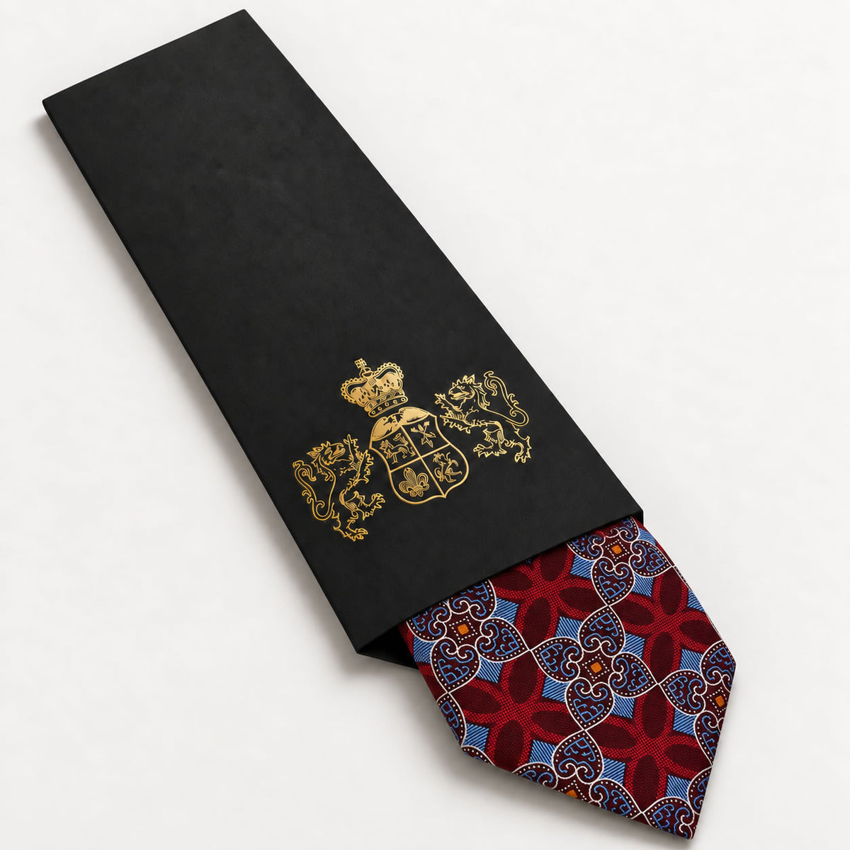 Burgundy and Blue Patterned Silk Tie in George Neale premium packaging