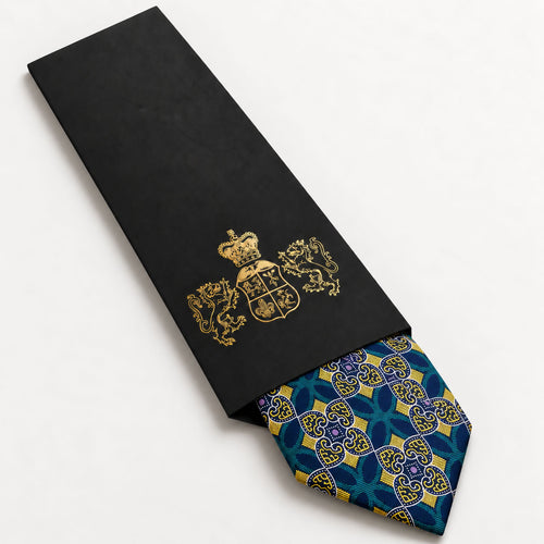 Blue and Green Patterned Silk Tie in George Neale premium packaging