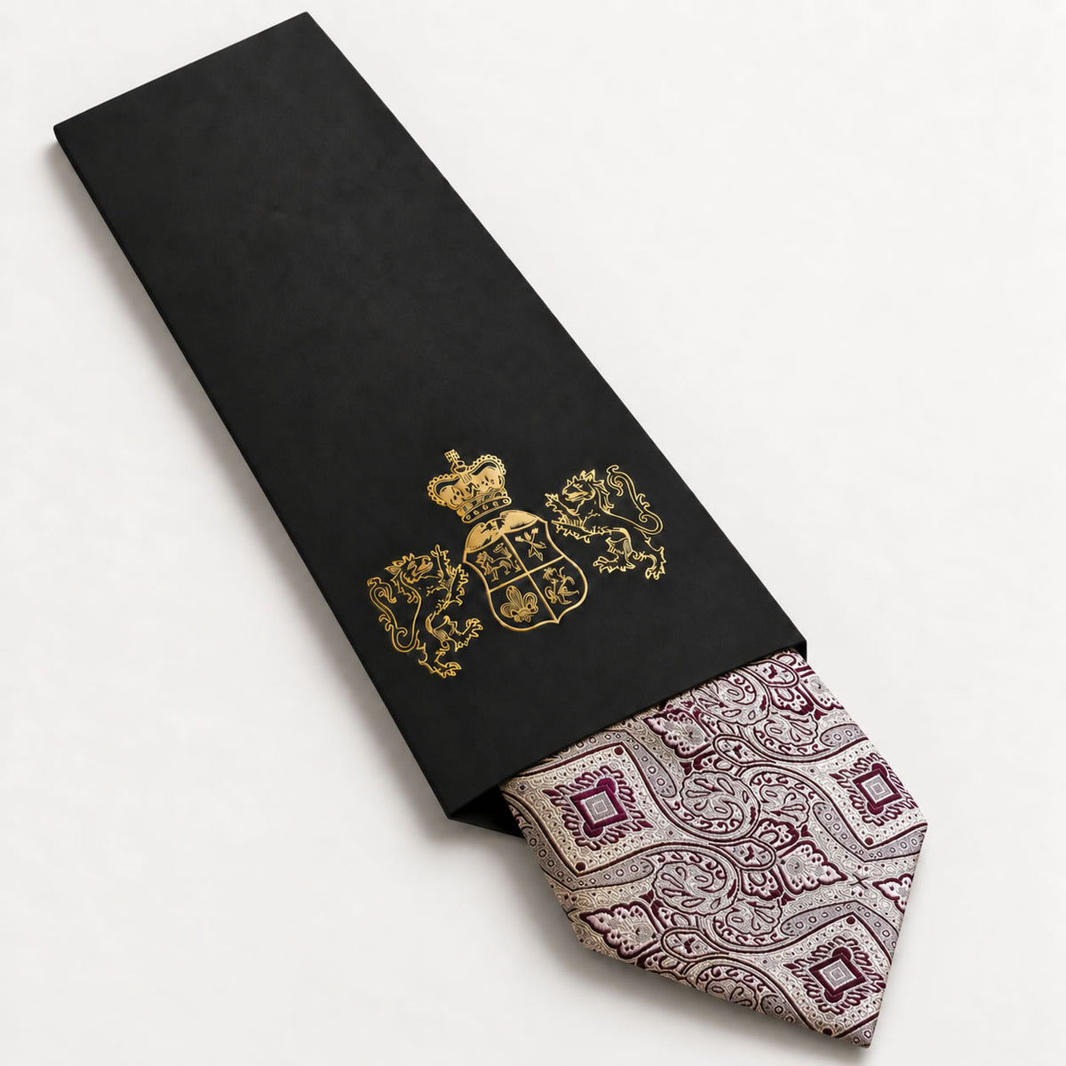 Champagne and Burgundy Patterned Silk Tie in George Neale premium packaging