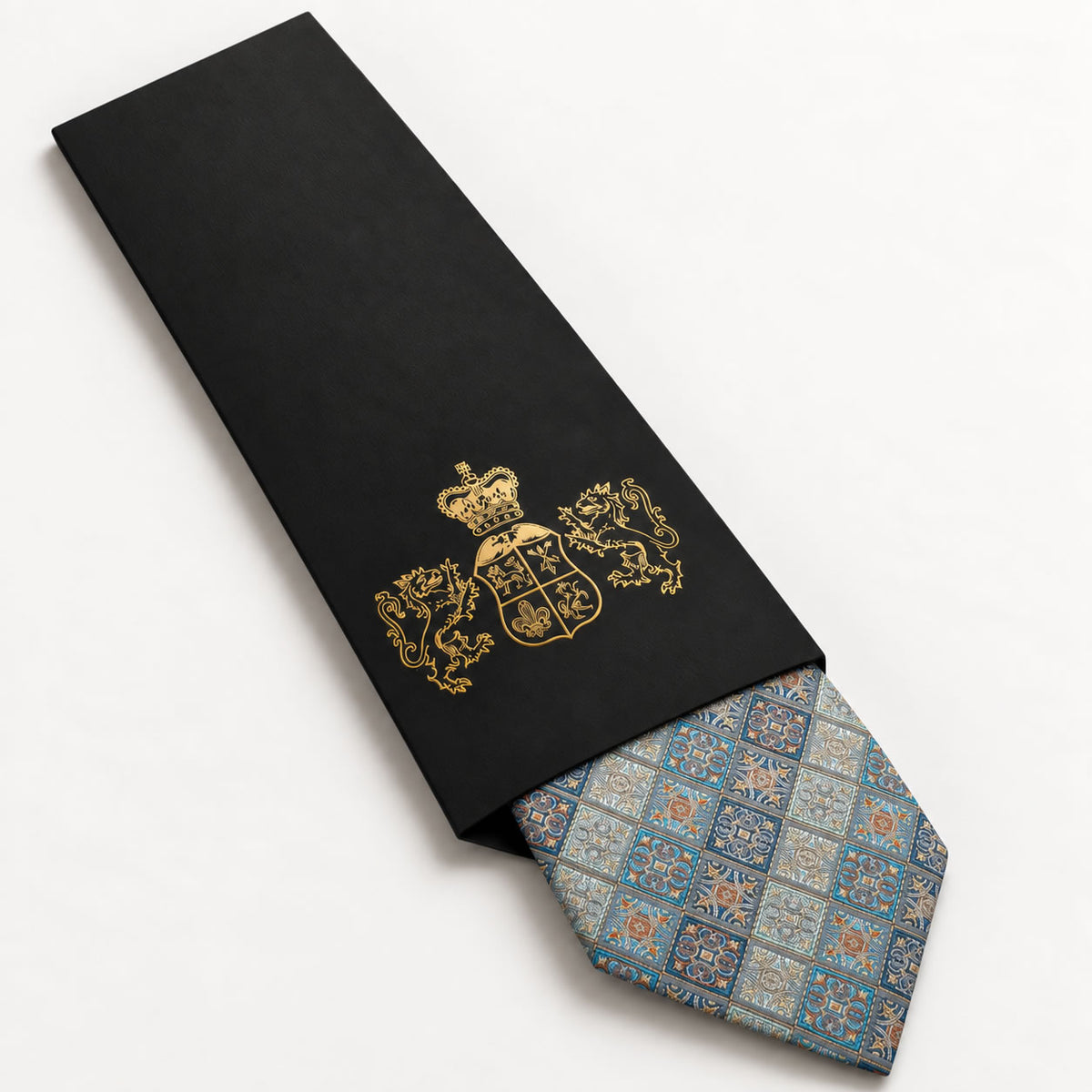 Silver and Blue Patterned Silk Tie in George Neale premium packaging