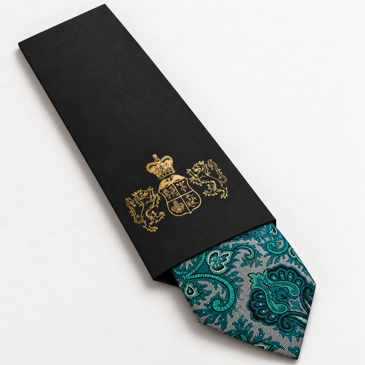 Teal and Silver Patterned Silk Tie in George Neale premium packaging