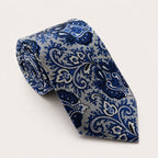 A rolled George Neale silver and navy patterned silk tie.