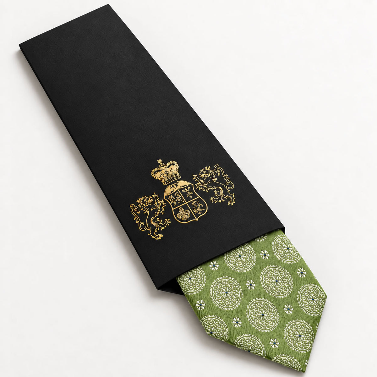 Olive Patterned Silk Tie in George Neale premium packaging