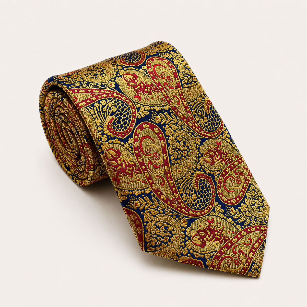 A rolled George Neale gold and red paisley silk tie.