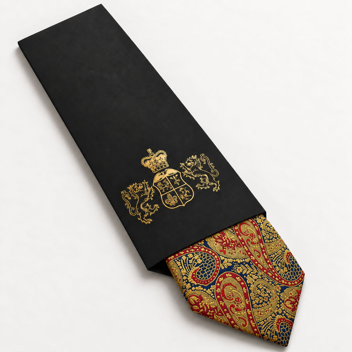 Gold and Red Paisley Silk Tie in George Neale premium packaging