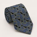 A rolled George Neale black and blue paisley silk tie.