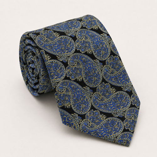 A rolled George Neale black and blue paisley silk tie.