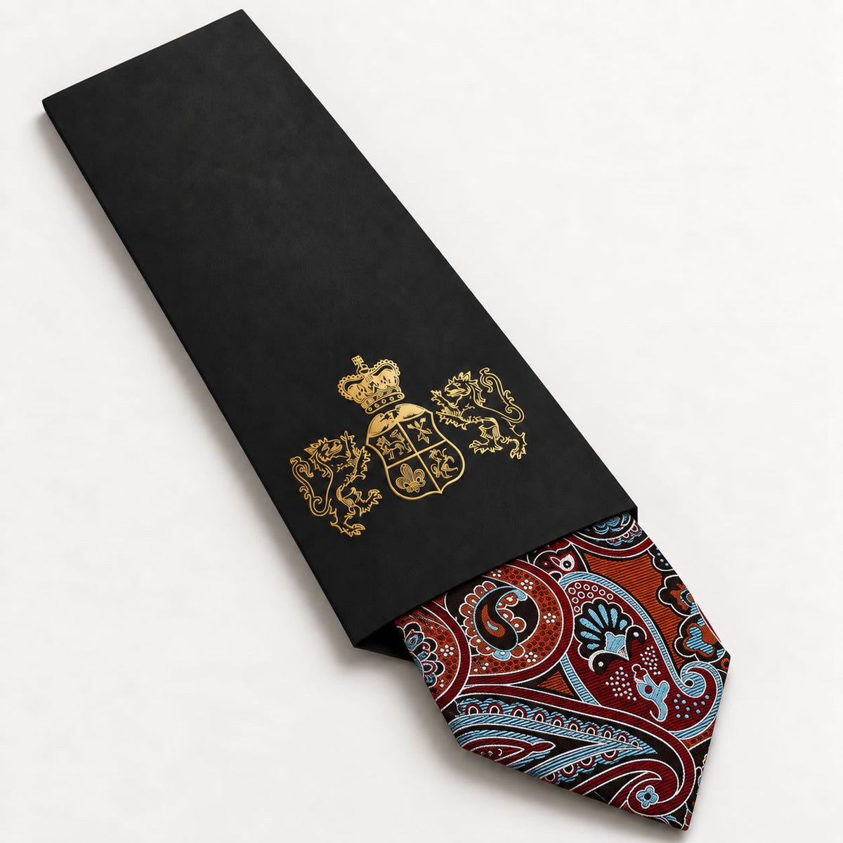 Burnt Orange and Light Blue Paisley Silk Tie in George Neale premium packaging