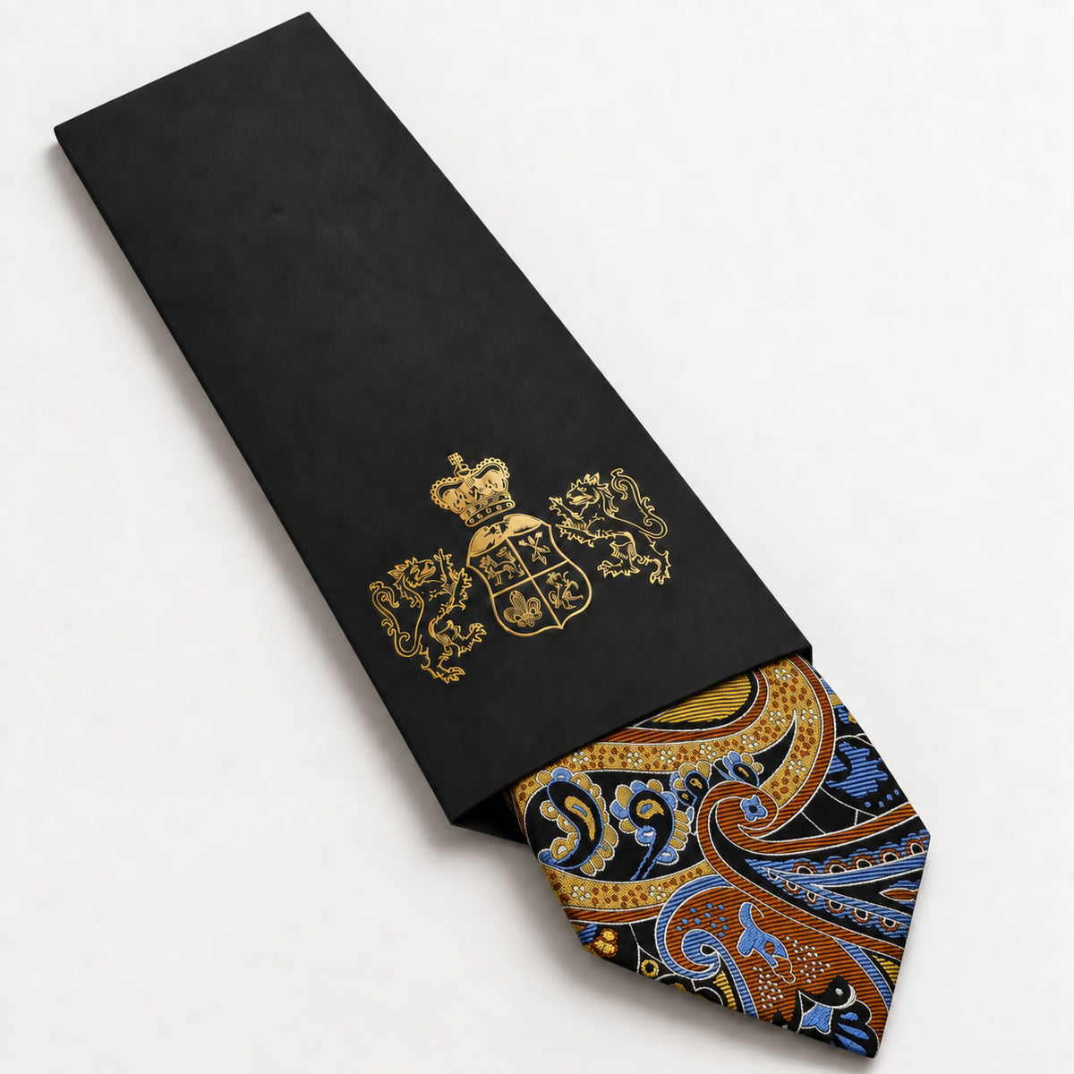 Gold and Blue Paisley Silk Tie in George Neale premium packaging