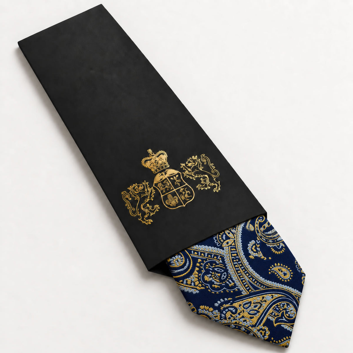 Navy and Gold Paisley Silk Tie in George Neale premium packaging