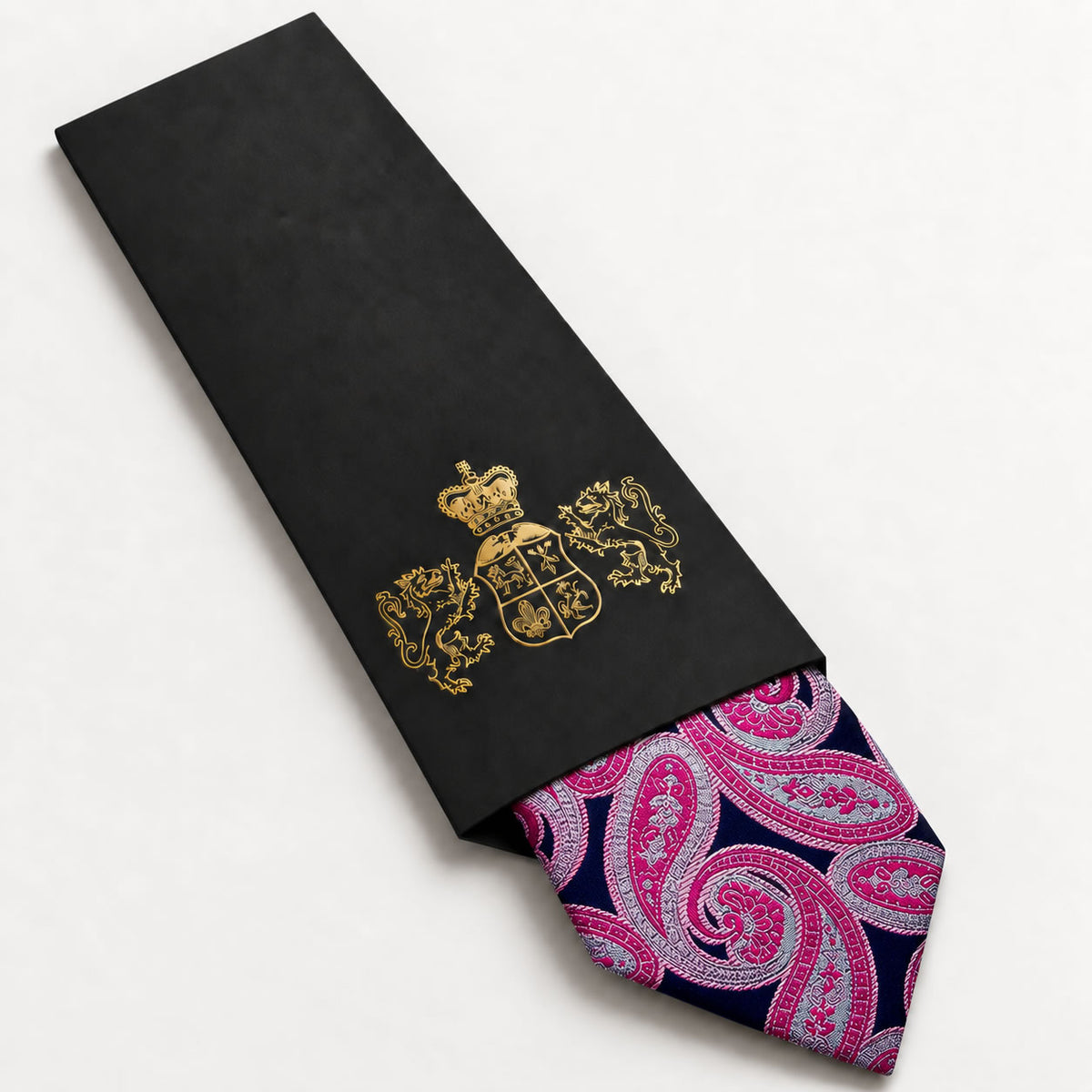 Pink and Navy Paisley Silk Tie in George Neale premium packaging