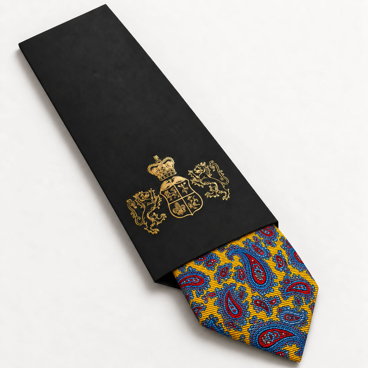 Yellow and Blue Paisley Silk Tie in George Neale premium packaging