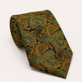 A rolled George Neale gold and teal paisley silk tie.
