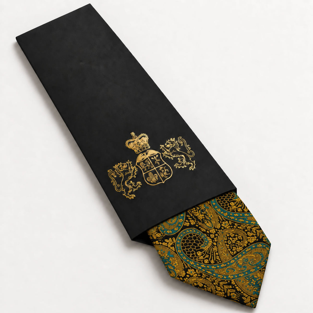 Gold and Teal Paisley Silk Tie in George Neale premium packaging