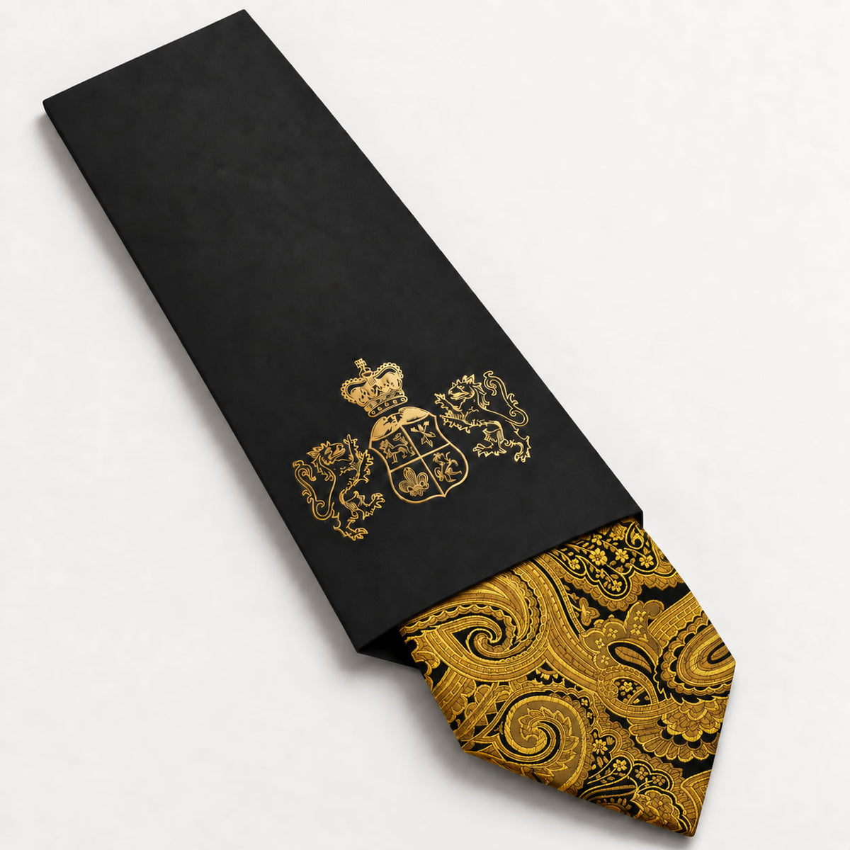 Gold and Black Paisley Silk Tie in George Neale premium packaging
