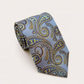 A rolled George Neale light blue and yellow paisley silk tie.