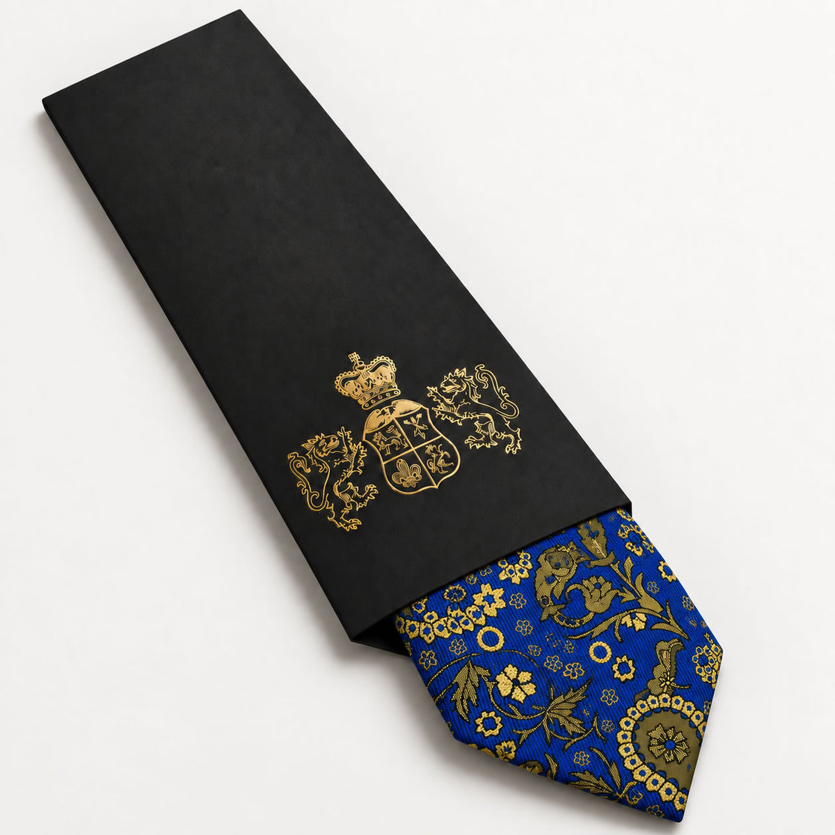Royal Blue and Gold Paisley Silk Tie in George Neale premium packaging