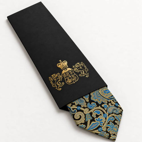 Black and Blue Paisley Silk Tie in George Neale premium packaging