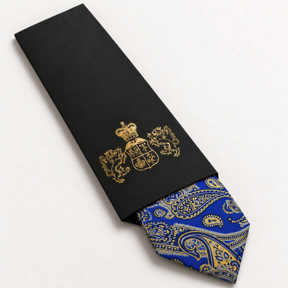 Royal Blue and Gold Paisley Silk Tie in George Neale premium packaging